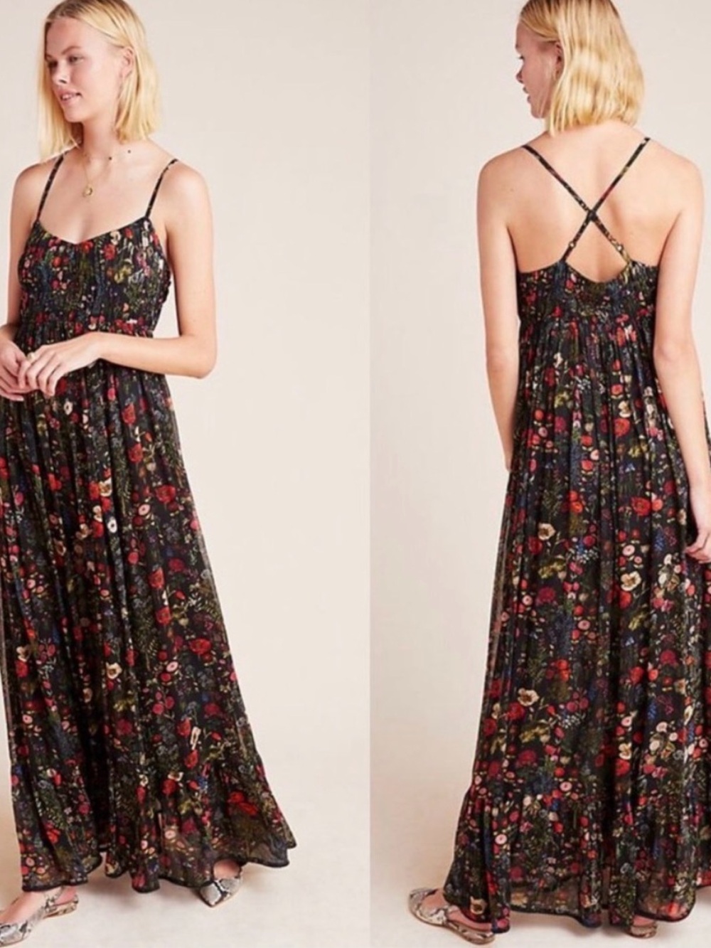ANTHROPOLOGIE Payal Jain Black Floral Maxi Dress